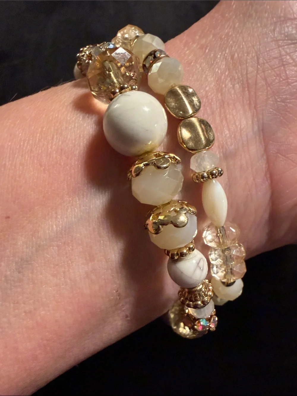 Artisan White Gold Crystal Beaded Stretch Bracelets Set of 2